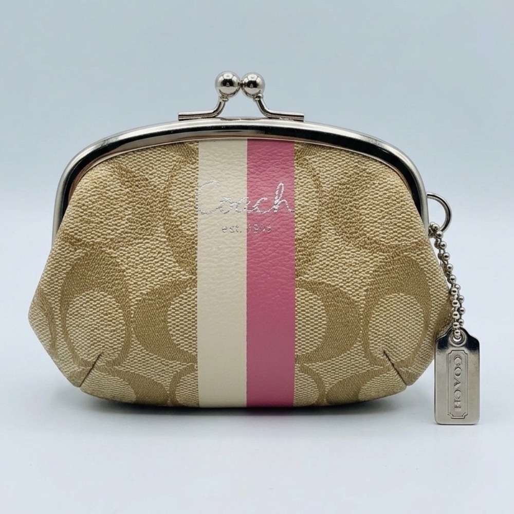 Vtg Coach Signature Canvas Kisslock Coin Purse Pink Stripe Monogram‎ Style Mini